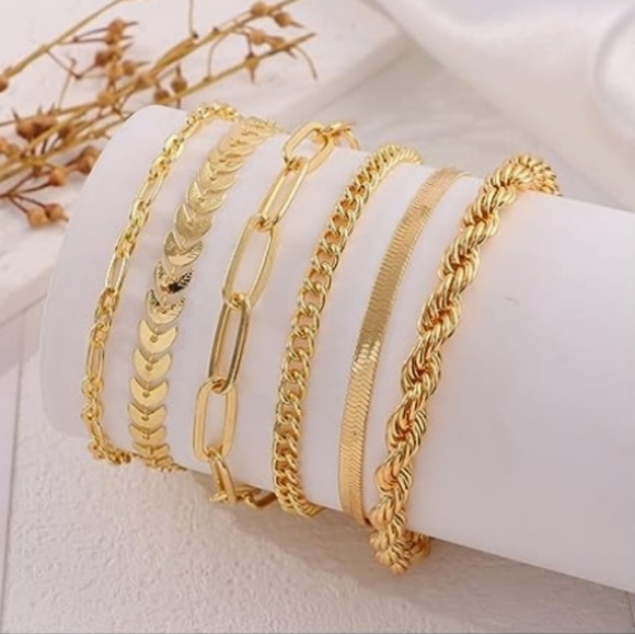 roses_garden Jewelry - 14k Gold Paperclip, Rope,Cuban, Figaro Snake Chain Bracelets Set of 6 NWT